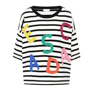 Escada Appliqué Embroidered Logo Letters Black White Stripe Short Sleeve Top